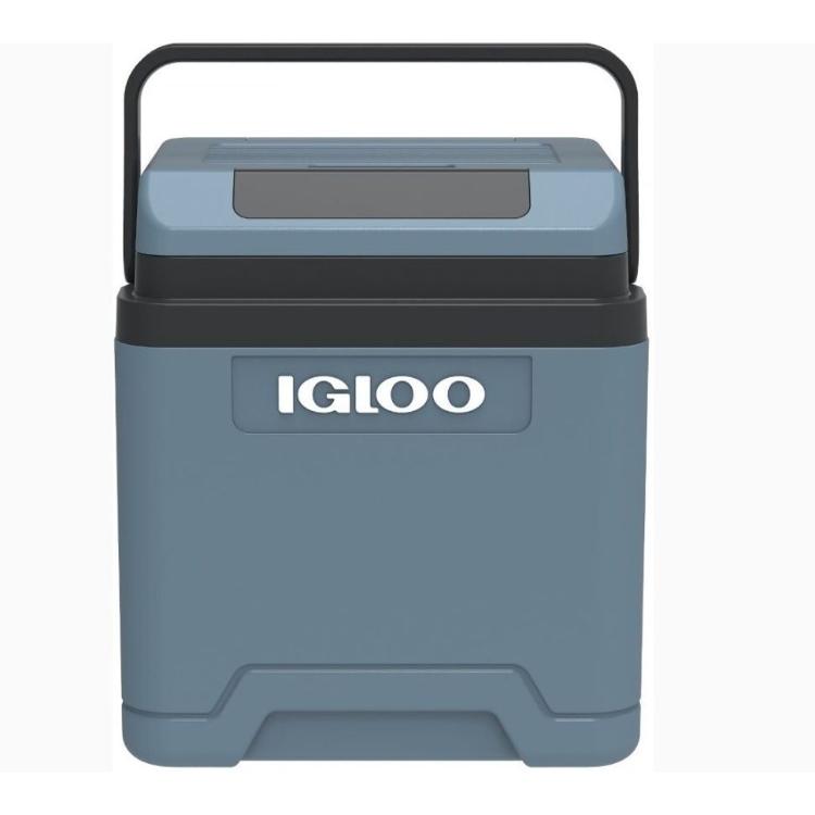 Igloo prenosni električni hladilnik v modro‑črni barvi z zgornjim ročajem za prenašanje