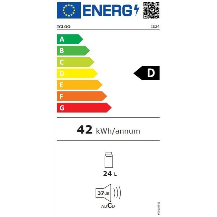 Energijska nalepka za Igloo IE24 z razredom D, porabo 42 kWh/leto, prostornino 24 L in glasnostjo 37 dB