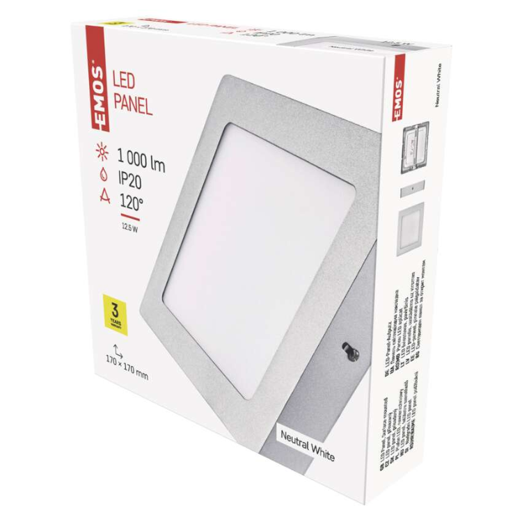 Nadometni LED panel Emos, kvadratni, srebrn, 12,5W, nevtralno bela