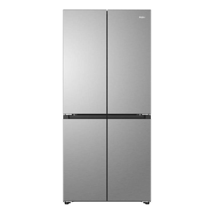 Štirivratni hladilnik Haier v inox izvedbi z elegantnim ravnim dizajnom in višino 185 cm.