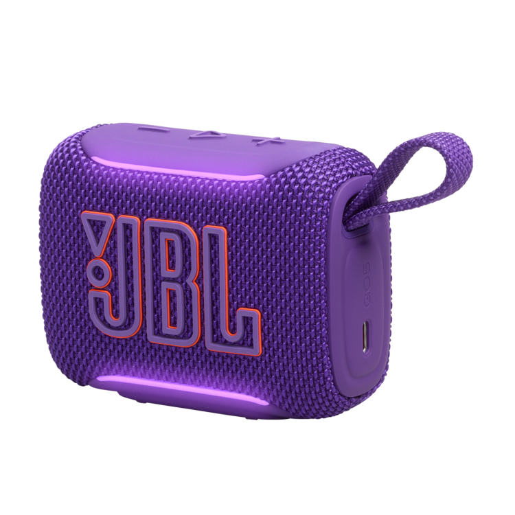 JBL GO5 vijoličen prenosni zvočnik z velikim logotipom, tekstilnim ohišjem in zanko