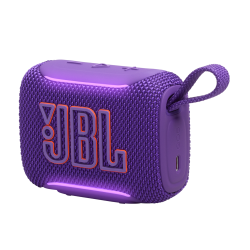 JBL GO5 vijoličen prenosni zvočnik z velikim logotipom, tekstilnim ohišjem in zanko