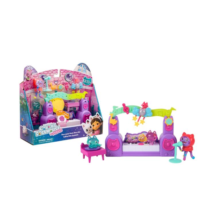 Igralni set Gabby's Dollhouse Paw-some Party Story Set z mini figuro, odrom, mikrofonom in dodatki, za otroke 3+.