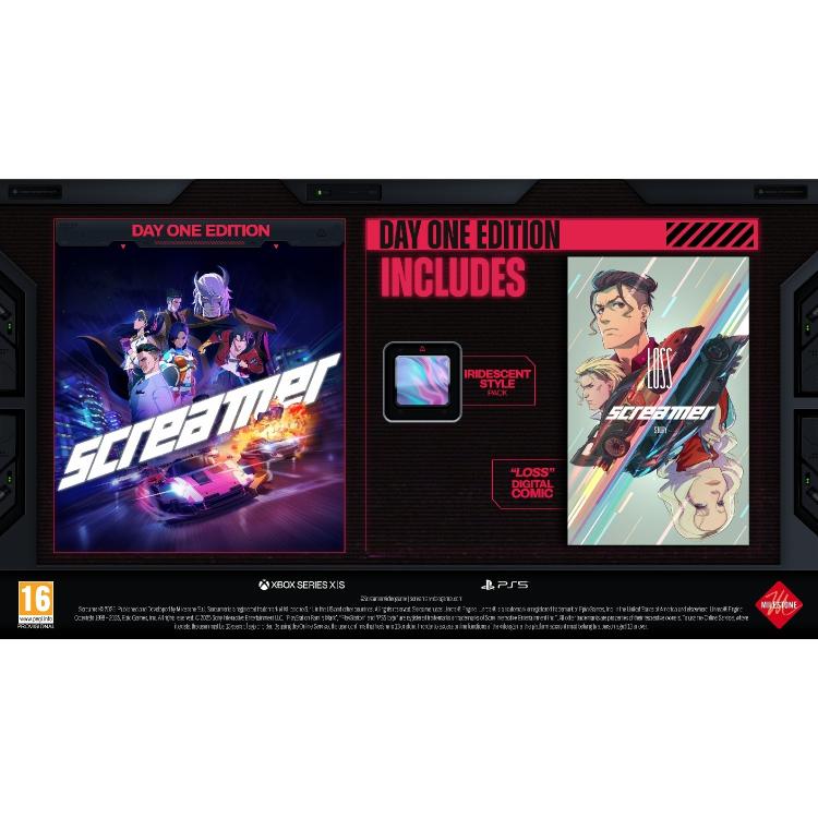 Copilot said: Screamer Day One Edition za PS5 in Xbox Series X|S, promocijska grafika z bonus vsebino: Iridescent Style Pack in digitalni strip Loss, PEGI 16.