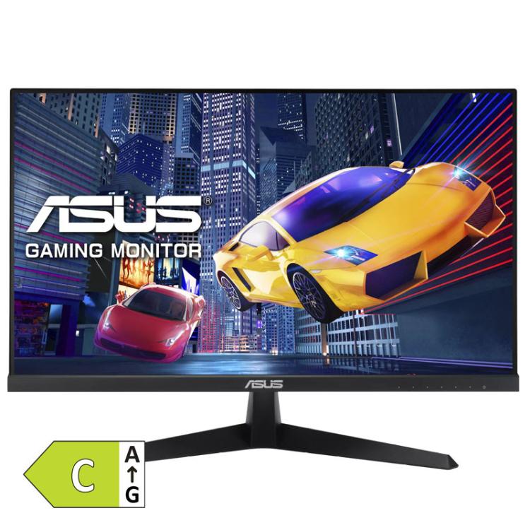 ASUS gaming monitor z energijskim razredom C, prikazan s tankimi robovi, črnim stojalom in dinamično avtomobilsko grafiko na zaslonu.