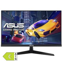 ASUS gaming monitor z energijskim razredom C, prikazan s tankimi robovi, črnim stojalom in dinamično avtomobilsko grafiko na zaslonu.
