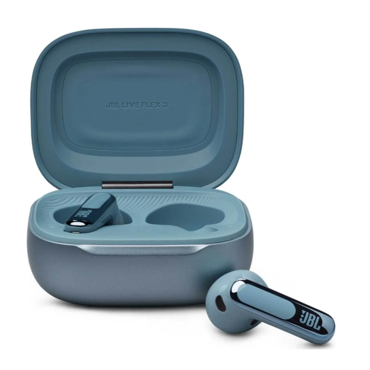 JBL brezžične slušalke v odprtem ohišju, drugačen kot pogleda z izpostavljeno slušalko