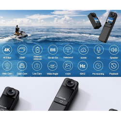 SJCAM akcijska kamera v črni barvi, prikazana z glavnimi funkcijami, vključno s 4K snemanjem, 20 MP fotografijami, 5G Wi‑Fi povezavo, 154° vidnim kotom in 6-osno stabilizacijo slike.