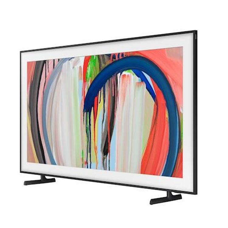 Samsung The Frame TV, sprednji pogled, tanek okvir, umetniški prikaz slike, minimalistično stojalo.