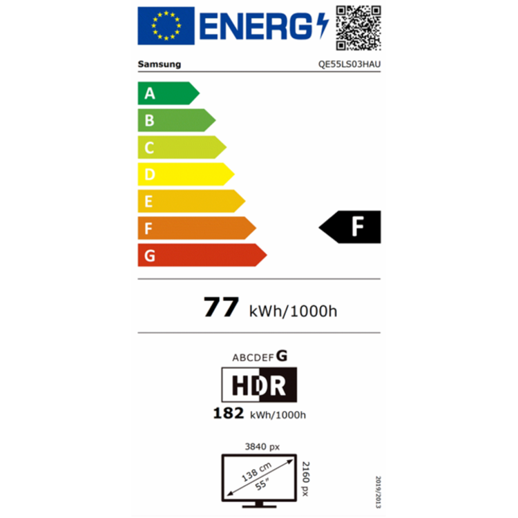 Energijska nalepka Samsung QE55LS03HAU, razred F, poraba 77 kWh/1000 h, HDR 182 kWh, diagonala 55".