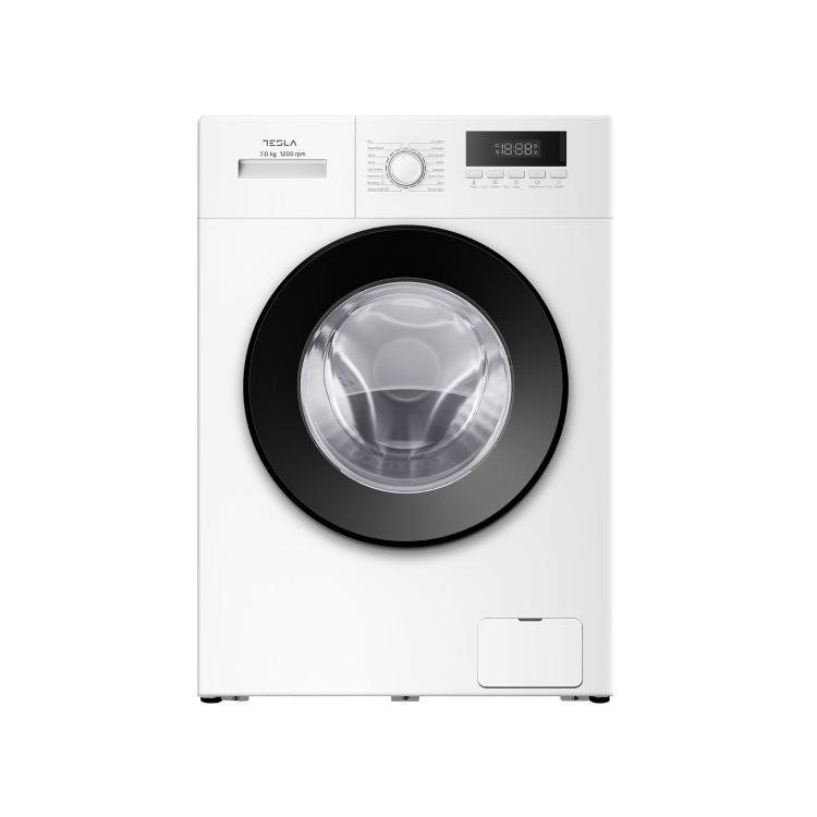 Tesla pralni stroj (7 kg, 1200 rpm) v beli barvi z digitalnim zaslonom in upravljalnim gumbom