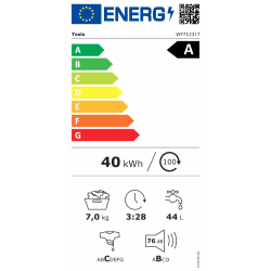 Energijska nalepka za pralni stroj Tesla WF71231T z razredom A, porabo 40 kWh/100 ciklov, kapaciteto 7 kg in glasnostjo 76 dB