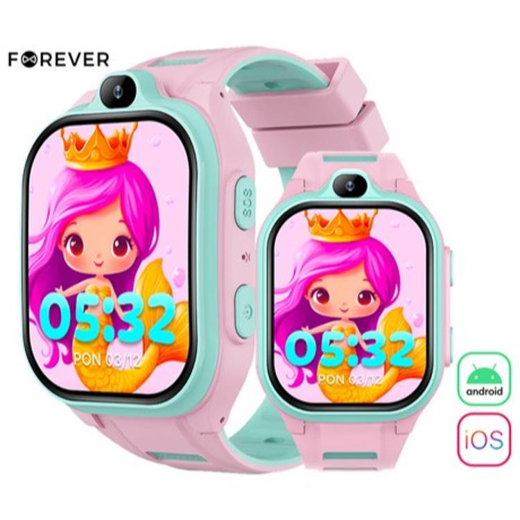 Forever Boost KW‑530 otroška pametna ura, roza/modra, kamera, Android/iOS, barvit zaslon z motivom morske deklice.