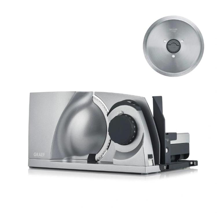 Električni rezalnik hrane z okroglim rezilom in nastavitvenim gumbom za debelino rezin