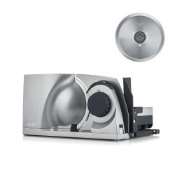 Električni rezalnik hrane z okroglim rezilom in nastavitvenim gumbom za debelino rezin