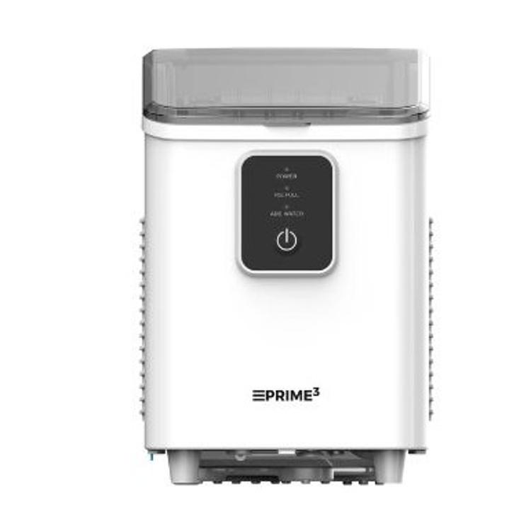 Sprednji pogled PRIME3 ledomata z indikatorji (Power, Ice Full, Add Water) in kompaktno zasnovo