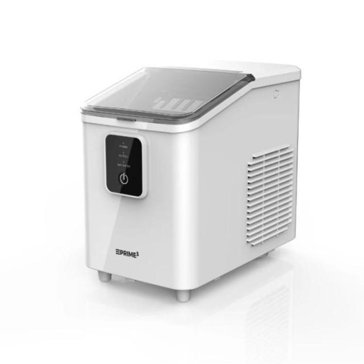 PRIME3 ledomat (ice maker) v beli barvi z zgornjim prozornim pokrovom in sprednjo upravljalno ploščo