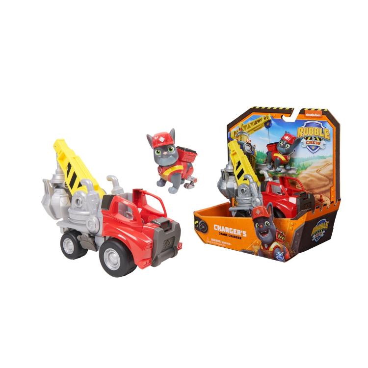 Igralno gradbeno vozilo Charger's Crane Grabber iz Rubble & Crew s figurico Charger in gibljivo dvigalno roko, za otroke 3+.