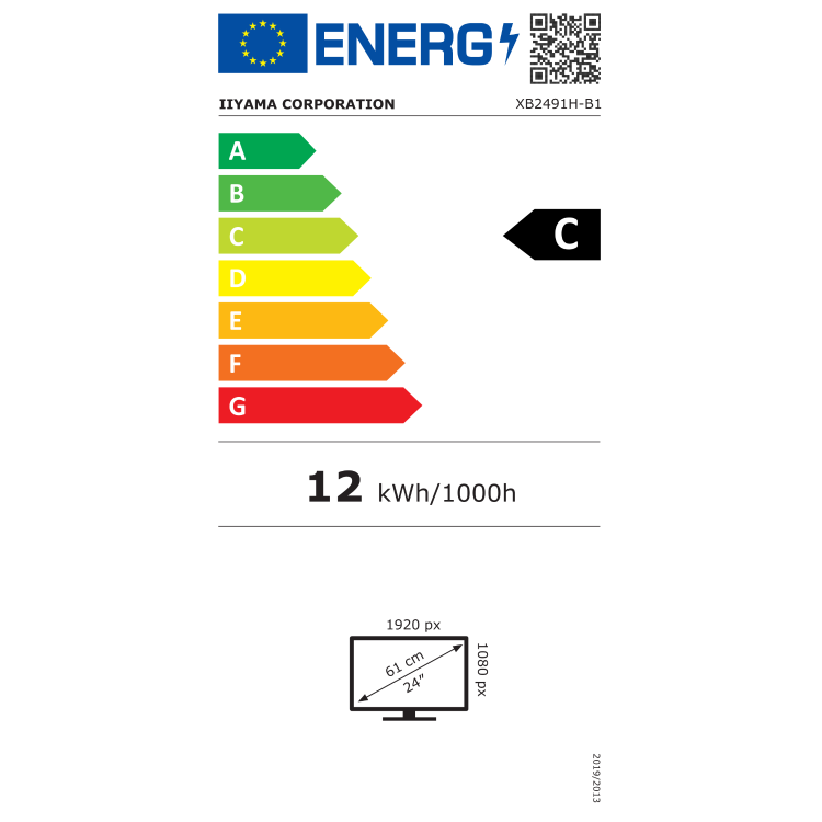 iiyama ProLite XB2491H-B1 – energijska nalepka EU, razred C, poraba 12 kWh/1000 h, ločljivost 1920 × 1080, 24 palcev.