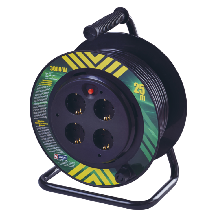 Kolutni podaljšek Emos 25 m / 4 vtičnice / črni / PVC / 230 V / 1,5 mm2