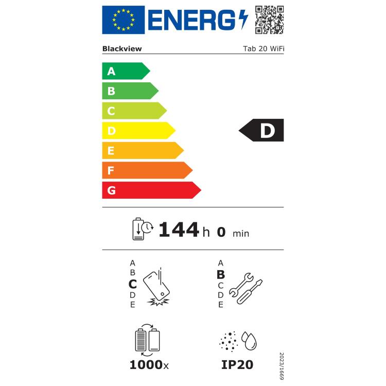 Blackview energijska nalepka za Tab 20 WiFi z energijskim razredom D in avtonomijo 144 ur.