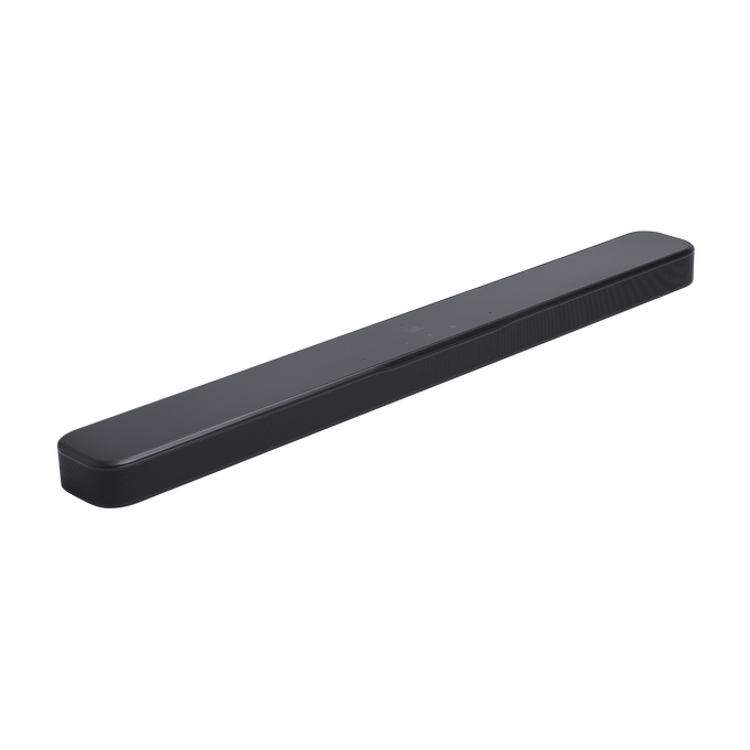 Soundbar JBL 300 M2 zvočna letev v črni barvi, prikazana pod kotom z desne strani.