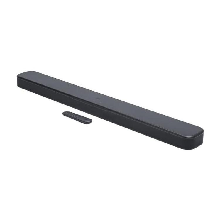Soundbar JBL 300 M2 zvočna letev z daljincem, prikazana pod kotom za boljši pregled oblike.