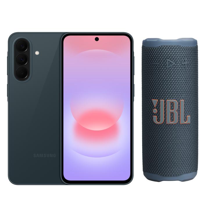 Samsung pametni telefon v zeleno sivi barvi in JBL prenosni Bluetooth zvočnik v temno modri barvi.