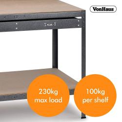 Trpežna jeklena konstrukcija z nosilnostjo do 230 kg zagotavlja stabilno delovno površino za različna delavniška opravila.