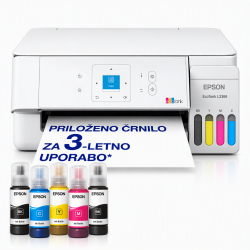 Večfunkcijska brizgalna naprava EPSON EcoTank L3366 z barvnimi rezervoarji za črnilo in priloženimi stekleničkami.