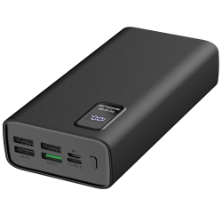 Platinet powerbank 30.000 mAh, črn, z LCD zaslonom in 3 USB izhodi ter Type‑C vhodom.