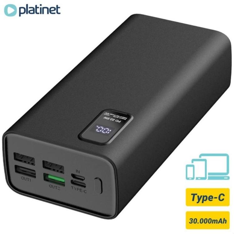 Platinet powerbank 30.000 mAh, več priključkov, digitalni prikaz stanja, zmogljiv za več naprav.