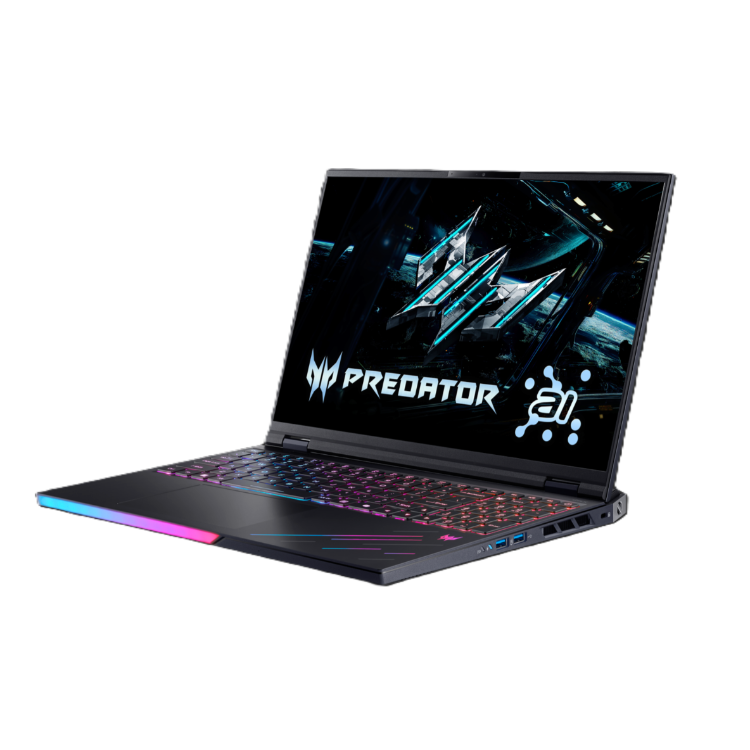 Acer Predator prenosnik, drugačen poševni kot z odprtim zaslonom, poudarjena RGB osvetlitev in tanko ohišje.