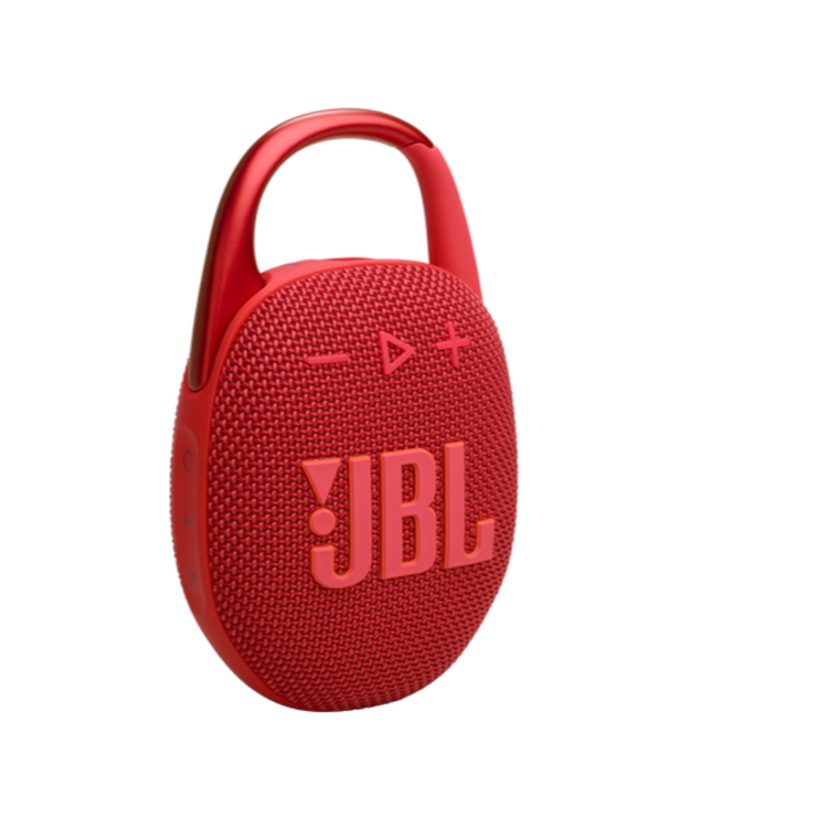 Prenosni zvočnik JBL rdeče barve z vgrajenim karabinom in gumbi na sprednji strani