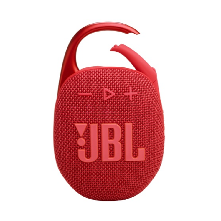 Prenosni zvočnik JBL z odprtim karabinom in vidnim logotipom na mrežasti površini