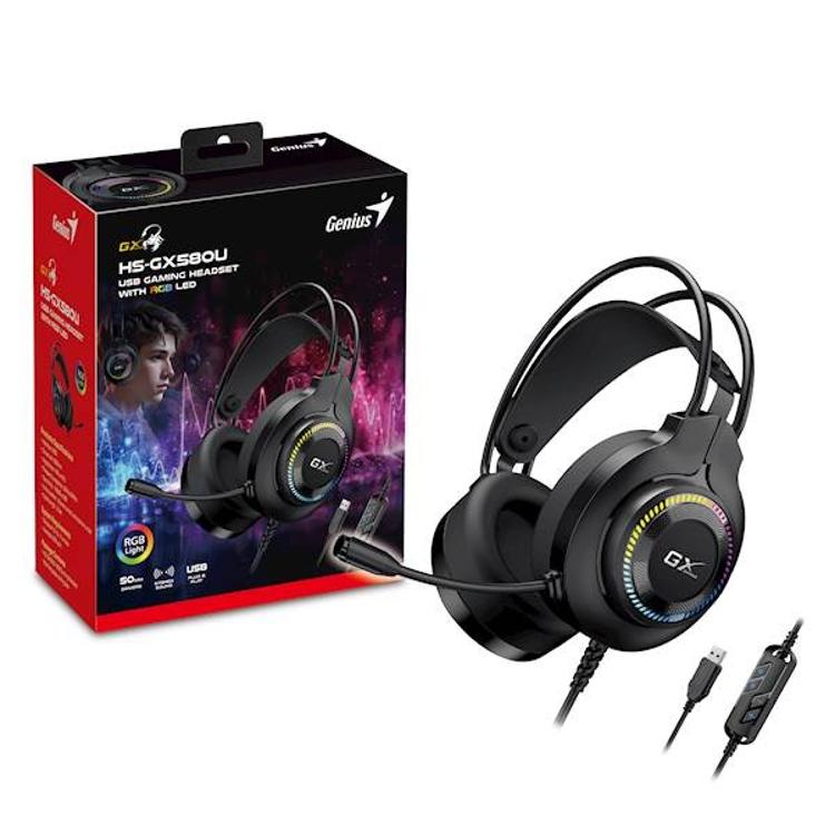 Genius GX gaming slušalke v črni barvi ob embalaži, z mikrofonom, RGB osvetlitvijo in USB priključkom.