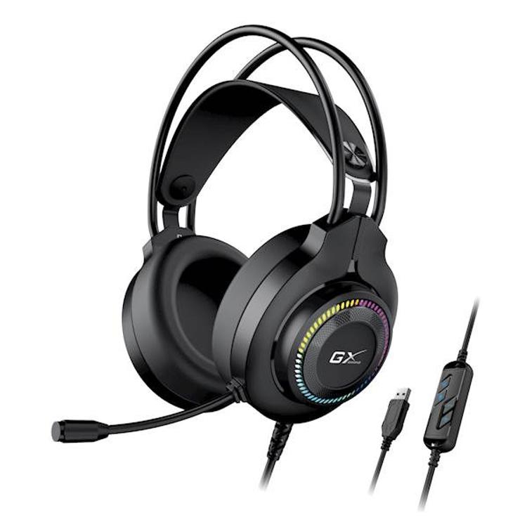 Genius GX gaming slušalke v črni barvi z mikrofonom, RGB osvetlitvijo in USB priključkom.