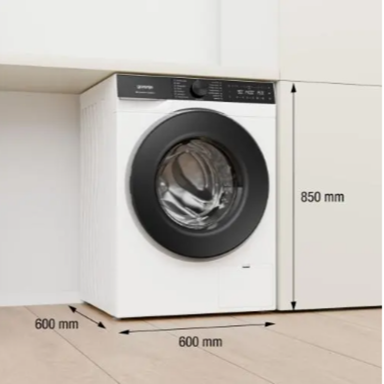 Pralni stroj Gorenje WG614A4P1 dimenzij 600 × 600 × 850 mm za prostostoječo ali vgradno namestitev.