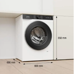 Pralni stroj Gorenje WG614A4P1 dimenzij 600 × 600 × 850 mm za prostostoječo ali vgradno namestitev.