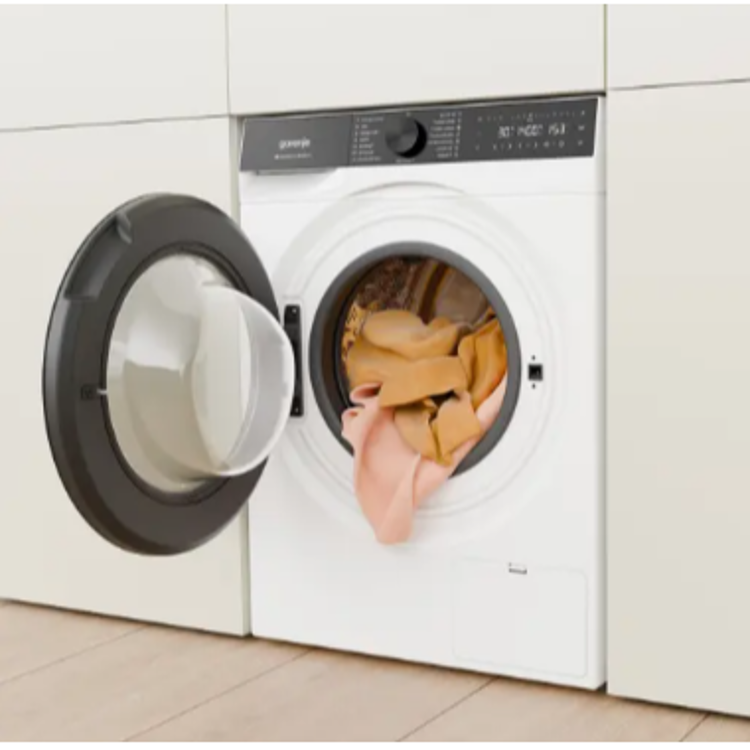 Pralni stroj Gorenje WG614A4P1 z odprtimi vrati in 10 kg bobnom za enostavno nalaganje perila.