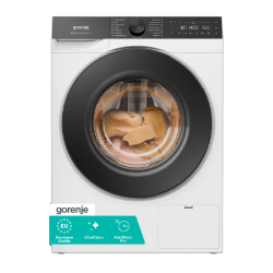 Pralni stroj Gorenje WG614A4P1 bele barve s črnimi vrati, zmogljivostjo 10 kg in programom FastWash Pro.