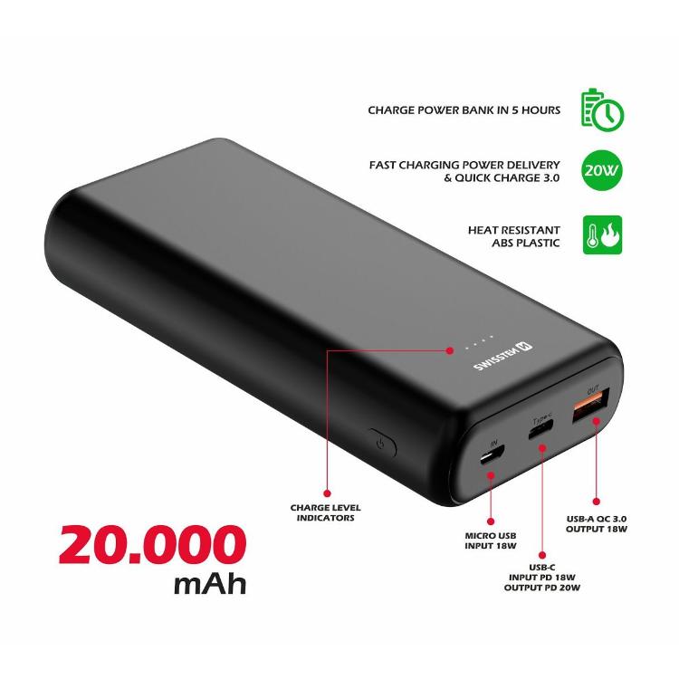 Prenosna baterija Swissten Power Line, 20.000 mAh, 20W PD