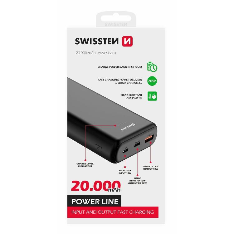 Prenosna baterija Swissten Power Line, 20.000 mAh, 20W PD