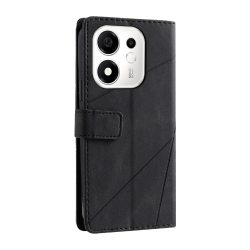 Zadnja stran črne preklopne torbice WLGO Lines za Honor 600 Smart z geometrijskim vzorcem in magnetnim zapiranjem.