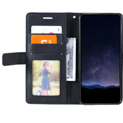 Črna preklopna torbica WLGO Lines za Honor 600 Smart z režami za kartice, prostorom za bankovce in prozornim žepom za fotografijo.