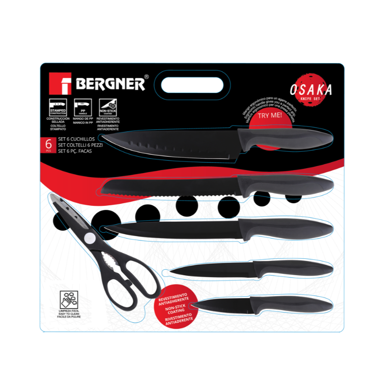 Embalaža Bergner Osaka knife set z označenimi lastnostmi (non-stick premaz, PP ročaj, stamped konstrukcija) in napisom »Try me«