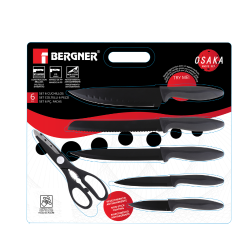 Embalaža Bergner Osaka knife set z označenimi lastnostmi (non-stick premaz, PP ročaj, stamped konstrukcija) in napisom »Try me«