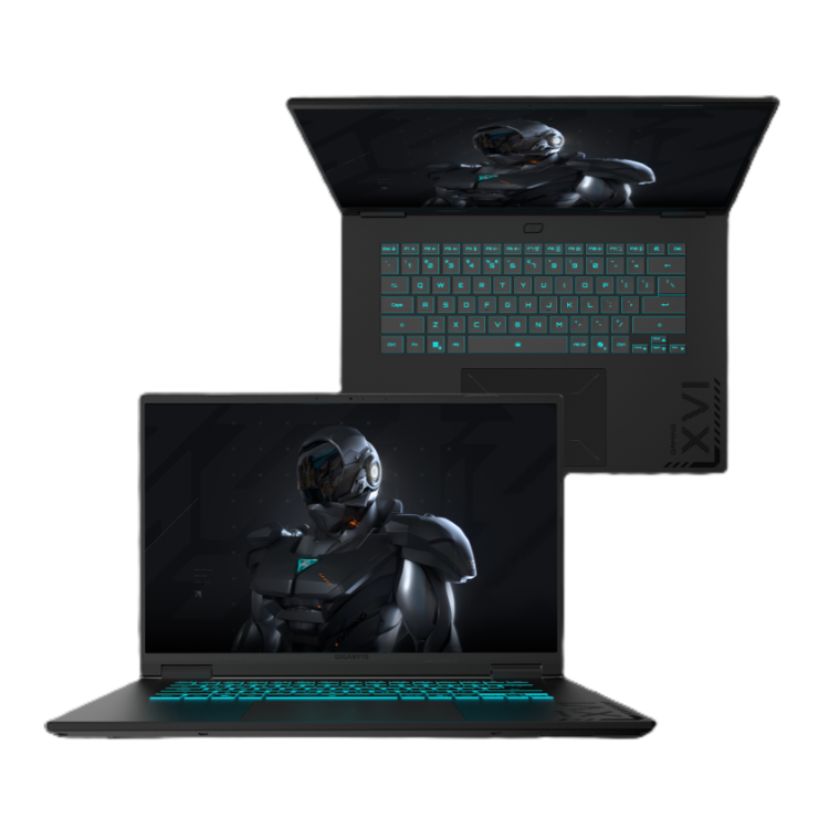 Zgornji in spodnji pogled odprtega prenosnika GIGABYTE, tanek gaming dizajn in osvetljena tipkovnica.