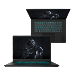 Zgornji in spodnji pogled odprtega prenosnika GIGABYTE, tanek gaming dizajn in osvetljena tipkovnica.