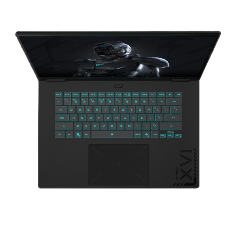 Pogled od zgoraj na tipkovnico prenosnika GIGABYTE z modro osvetlitvijo in velikim sledilnikom.